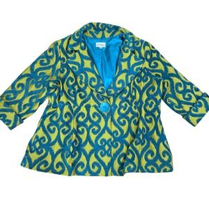 3 Sisters Blazer Women 3X Citron Teal Damask Ikat Jacquard 3/4 Sleeve Big button